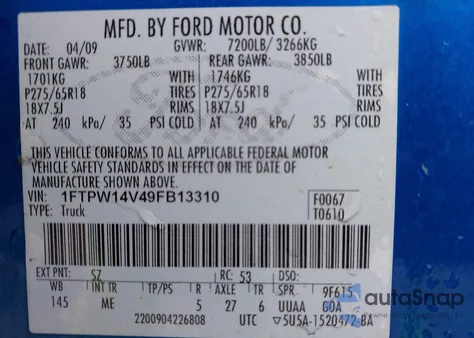 2009 Ford F-150 Fx4/King Ranch/Lariat/Platinum/Xl/Xlt z USA, uszkodzony, nr VIN 1FTPW14V49FB13310